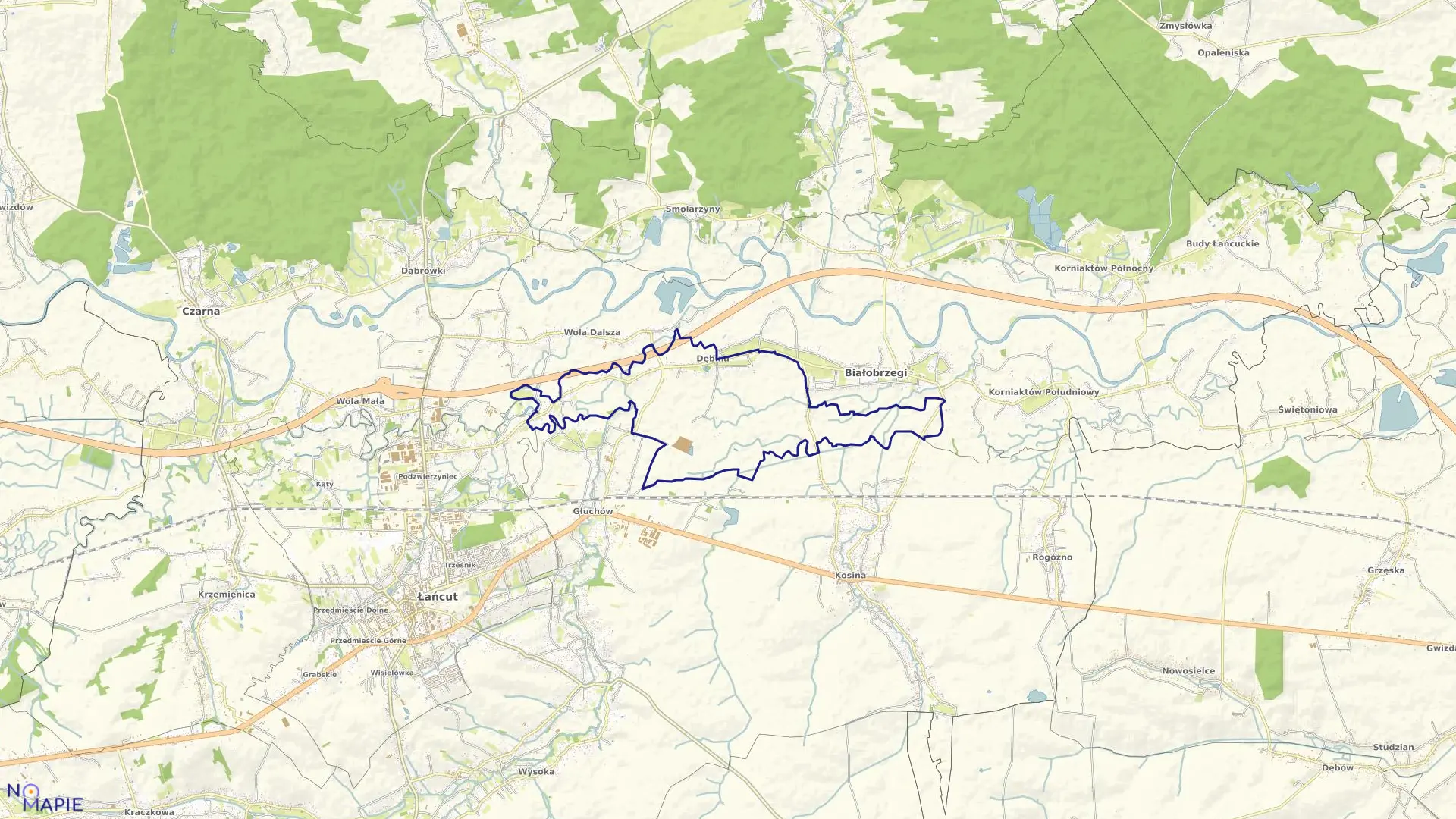 Mapa obrębu Dębina w gminie Białobrzegi